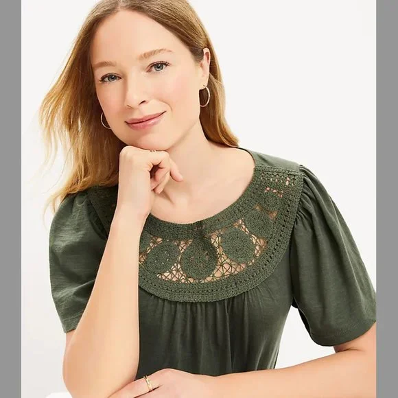 NWT LOFT Crochet Yoke Flutter Sleeve Top M - Picture 2 of 6